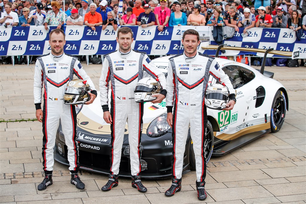 Laurent Vanthoor, Michael Christensen og Kevin Estre ved præsentationen på Le Mans
(Foto: Porsche)